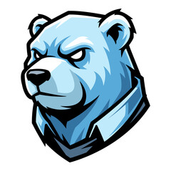 An illustration of a polar bear head wearing business attire, set against a black background. The artwork features light and dark blue colors in vector style