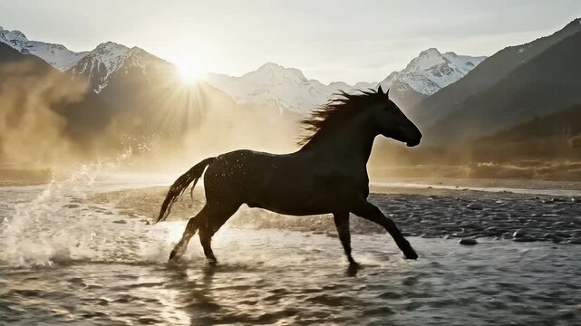 Majestic Black Horse Galloping Through a Crystal Clear River with Snow Capped Mountains and Golden Sunset Light in the Background