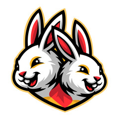 Illustration of two white rabbit heads in a cartoon mascot style. The design features red inner ear accents, outlined with a bold, black background, suitable for clip art or vector graphics projects