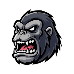 A vector cartoon illustration of an angry gorilla head. The gorilla shows an aggressive open mouth with teeth, rendered on a black background. The image is designed as a mascot