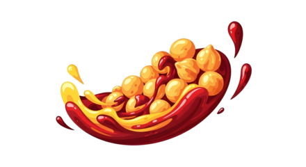 Delicious golden brown fried food with ketchup and mustard splashes.