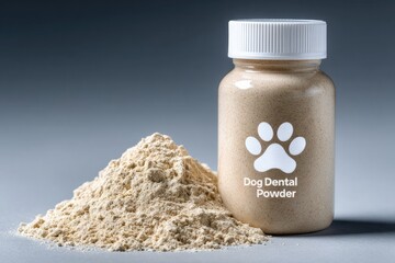Dog Dental Powder bottle with a pile of powder  
