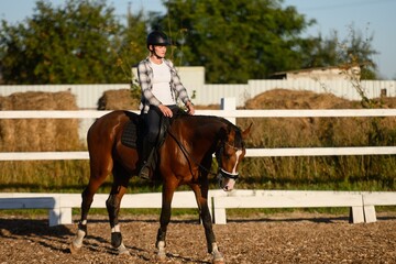 Female rider wearing riding helmet and equestrian gear gracefully rides bay horse during training session at outdoor riding arena on sunny day. Rider and horse partnership, equestrian sport