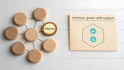 Wooden discs connected on a white surface with a diagram