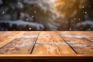Snow-dusted wooden table in a winter forest setting
