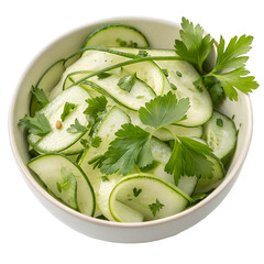 A delicious cucumber salad with parsley in a bowl or isolated on white background