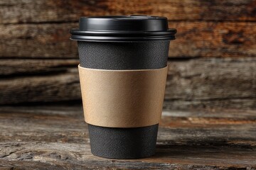 Black disposable coffee cup with kraft sleeve  