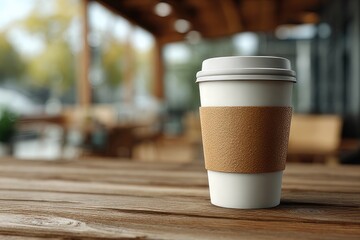 Disposable coffee cup on wooden table in outdoor cafe