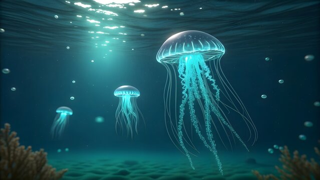 Glowing jellyfish underwater ocean scene marine life aquatic animals sea creatures deep blue sea jellyfish swim