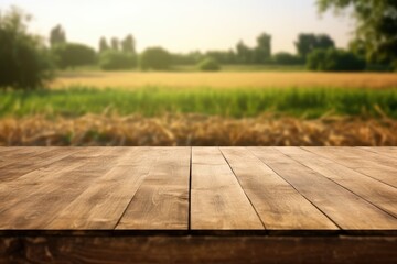 Rustic wooden table in a sunny field setting