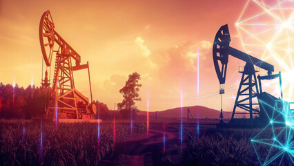 Oil pumps in field at sunset with financial charts concept. Oil pumps operate against a vibrant sunset backdrop.