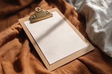 Blank textured paper on clipboard with brass clip 