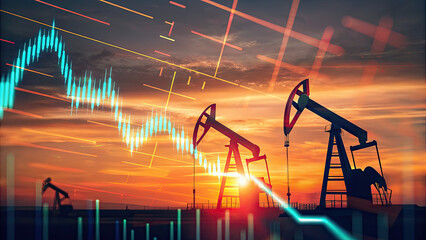 Silhouetted oil pumps at sunset with financial graphs concept. Oil pumps silhouetted against a vibrant sunset with data overlay.