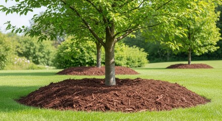 Obraz premium Green trees with mulch in garden setting, good ecology concept. Well maintained trees benefit from circle of fresh mulch, a natural material. Mulch provides nutrients as it decomposes.