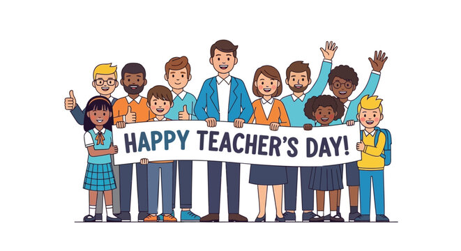 Diverse group of smiling students and teachers holding a banner celebrating happy teacher s day with enthusiasm - Powered by Adobe