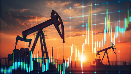 Silhouetted oil pumps at sunset with financial graphs concept. Sunset over oil pumps with financial graphics in the background.
