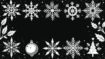 Elegant White Ornamental Geometric Shapes and Decorative Elements on Black Background Pattern