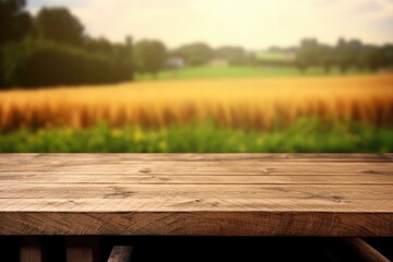 Fototapeta premium Rustic wooden table with blurred wheat field backdrop