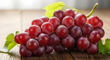 A bunch of ripe red grapes glistening on a wooden surface.