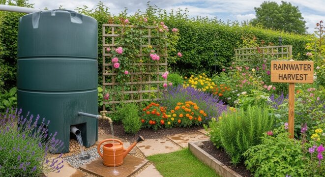 Rainwater harvesting system amidst a vibrant flower garden, ideal for ecological practices. Rainwater harvesting captures water, demonstrating an approach to resourcefulness and sustainability.