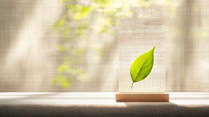 A single green leaf is displayed within a clear, rectangular frame, mounted on a wooden base, with soft sunlight filtering through a window and illuminating the