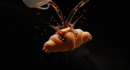 Rich dark coffee splashes dramatically onto a golden croissant, creating a mesmerizing breakfast moment against a starry night sky, perfect for culinary delight.