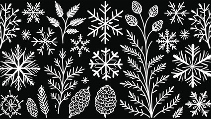 Elegant White Botanical Leaf Illustrations on Black Background in Decorative Seamless Design