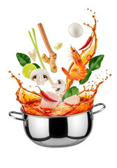 Dynamic Thai Tom Yum Soup Ingredients Splashing into Pot.