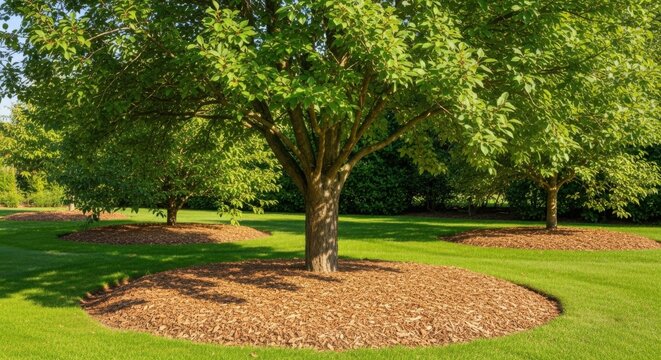 Tree trunk surrounded by mulch on green lawn. Tree on green grass with mulch provides rich soil for root system, protects roots from extreme temperatures, and suppresses weed growth.