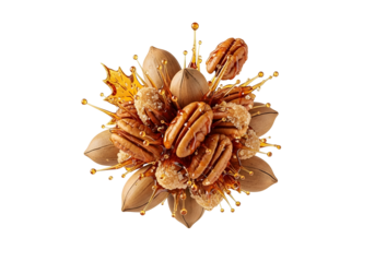 Pecan nut arrangement with maple leaf and caramel drizzle.