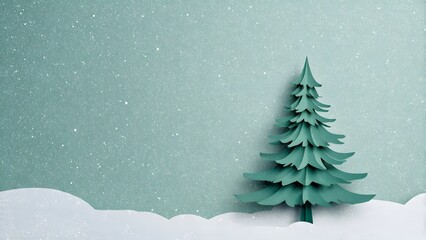 A clean, minimalist, and aesthetic Christmas background design rendered in a snowy green pine with a papercut style, offering generous copy space