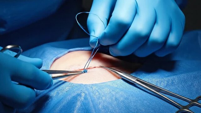 Medical Procedure Hands Performing Surgical Suturing Process Detailed Close Up Shot Using Needle Holder and Forceps