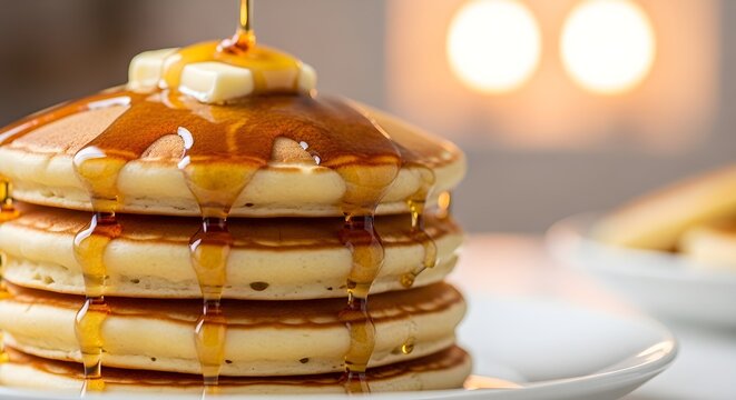 A delicious stack of golden pancakes with melted butter and warm maple syrup being poured over them.