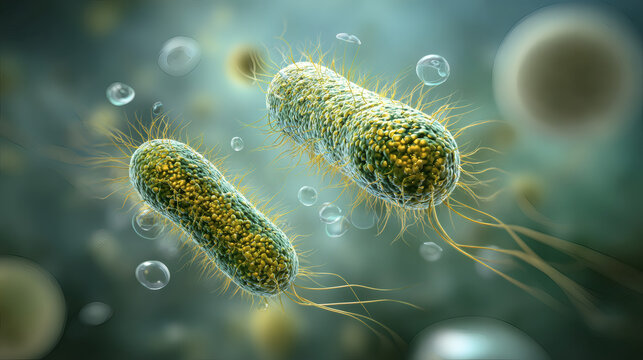Illustration of rod shaped bacteria cells and germs with flagella and plasmids