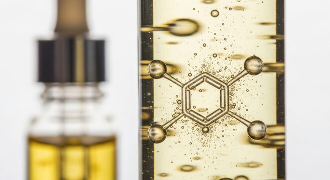 Close-up showcases a clear glass bottle with a dropper. Beside, a test tube with a golden liquid and a molecular diagram is visible. Bubbles float within