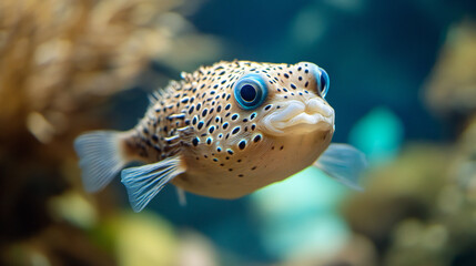 Close-up portrait of a curious pufferfish with striking blue eyes swimming in its aquatic habitat