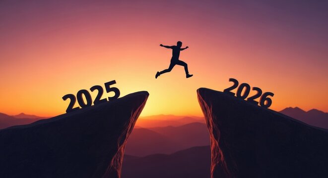 Silhouette of man jumping from cliff 2025 to 2026 at sunset representing new year