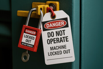 Serious close up of red danger padlock and safety tag for machine lockout protocol. vital factory procedure preventing operation during shutdown for maintenance
