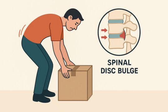 Man with improper lifting posture and rounded back feels strain and pain. This wrong technique can cause spinal disc bulge injury, diagram shows human spine pressure