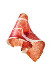 Single slice of delicious cured ham on a clean white background.