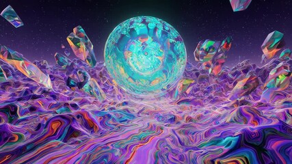 Surreal Crystal Landscape: Glowing Orb, Abstract Terrain, and Floating Gems - Powered by Adobe