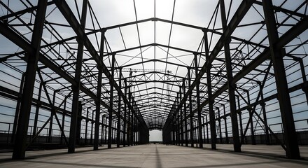 Fototapeta premium A vast empty metal framework of an unfinished building is silhouetted against a bright sky leading into the distance.