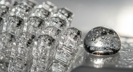 Macro shot of clear, geometric forms clustered together, with one perfectly formed droplet holding intricate bubbles. Refraction and light play create an ethereal, crystalline effect. 