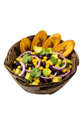 Delicious and vibrant plantain salad with black beans corn avocado and red onion.