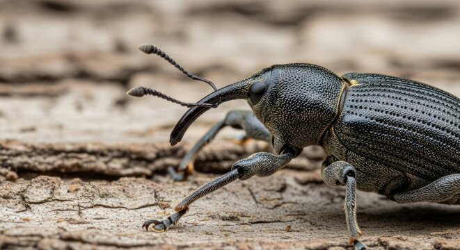 Close-up of a weevil on textured bark. Focus is sharp on the insect's head with its long snout & antennae. Detailed view showcasing the creature's exoskeleton, legs, and the wood's intricate patterns