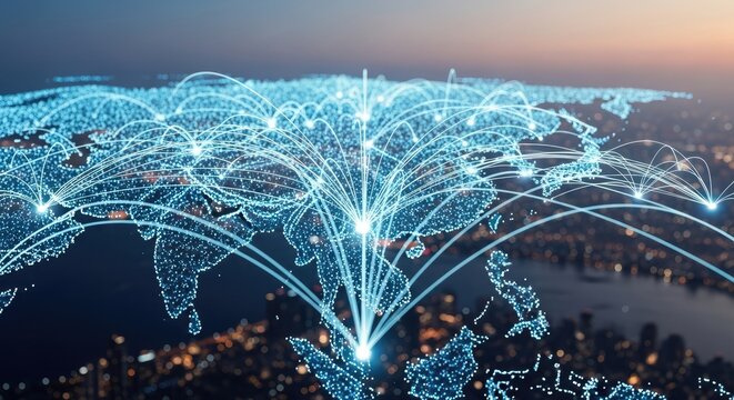 Global map with glowing lines and dots connecting world cities over blurred cityscape - Powered by Adobe