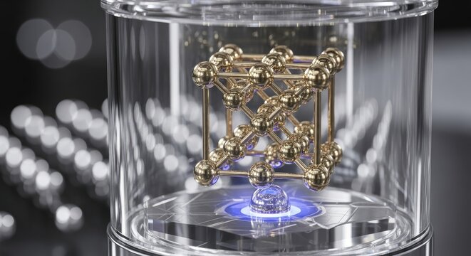 A metallic lattice structure is suspended within a clear glass container atop a glowing blue platform, set against a blurred background. Spheres connected by rods. Close-up