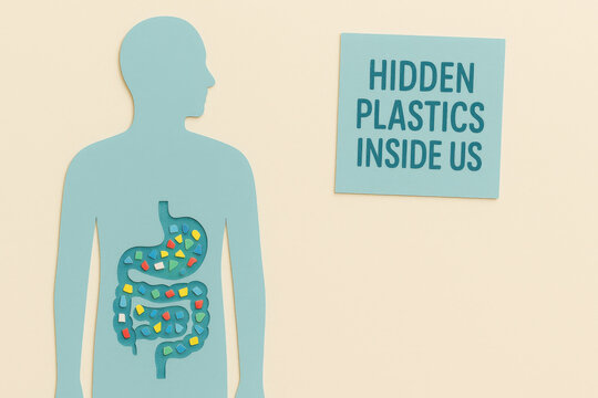 Concerning paper cut human silhouette shows digestive system full of colorful plastic fragments. sticky note warns of hidden plastics, design for microplastic exposure awareness