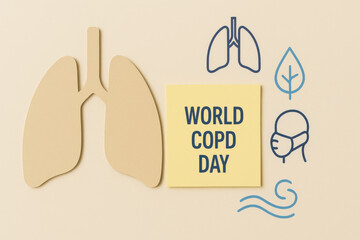 World COPD Day awareness medical infographic. minimalist lung silhouette with an icon for breath and clean air, showing support for respiratory health and prevention