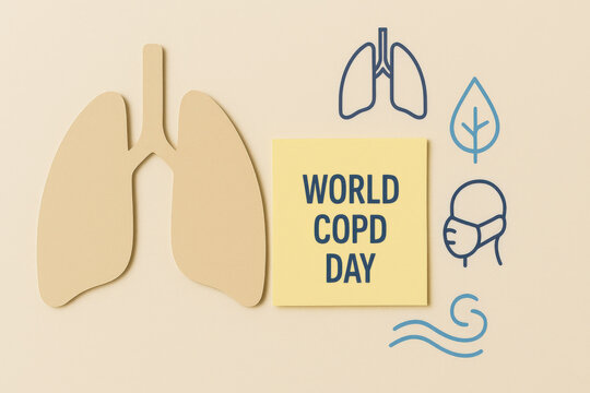 World COPD Day awareness medical infographic. minimalist lung silhouette with an icon for breath and clean air, showing support for respiratory health and prevention